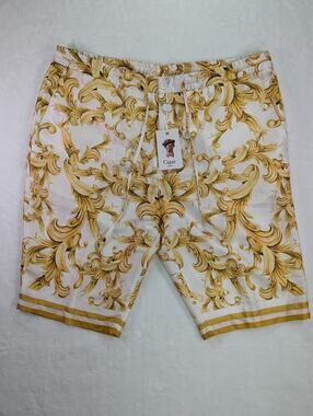 Cigar Couture Luxury Gold Baroque Print Shorts 44W Mens Silk Look Drawstring